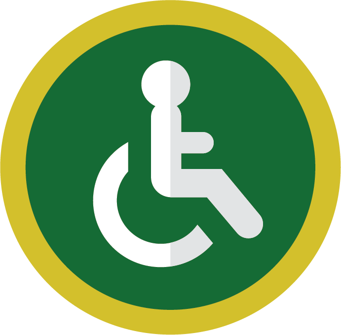 the universal accessible icon with the human in a wheel chair in a green circle